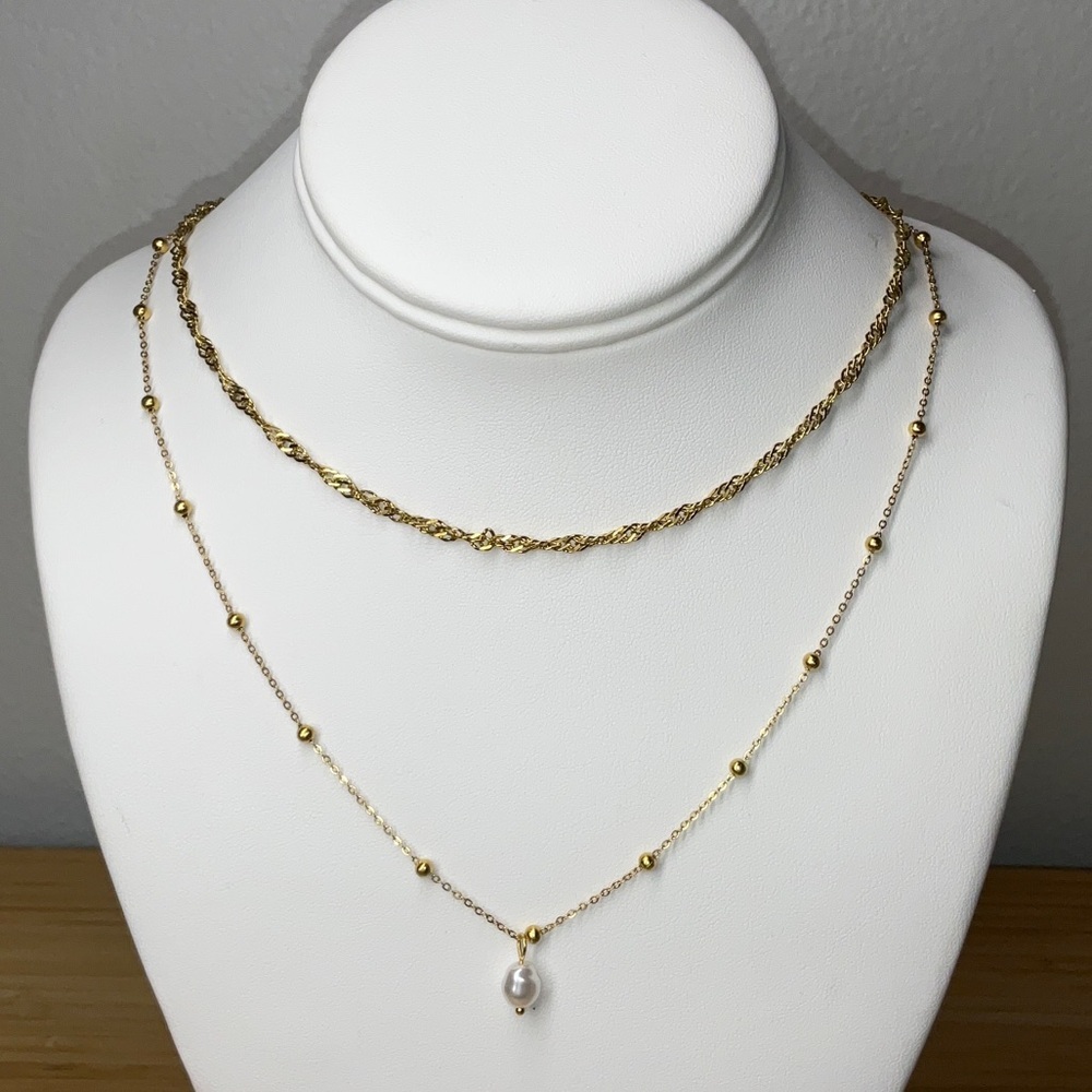GP 2-Layer Singapore & Satellite Chain Necklace with Pearl Drop